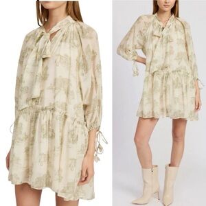 EN SAISON Leighton Toile Mini Dress Long Sleeve Floral Cream Olive Small